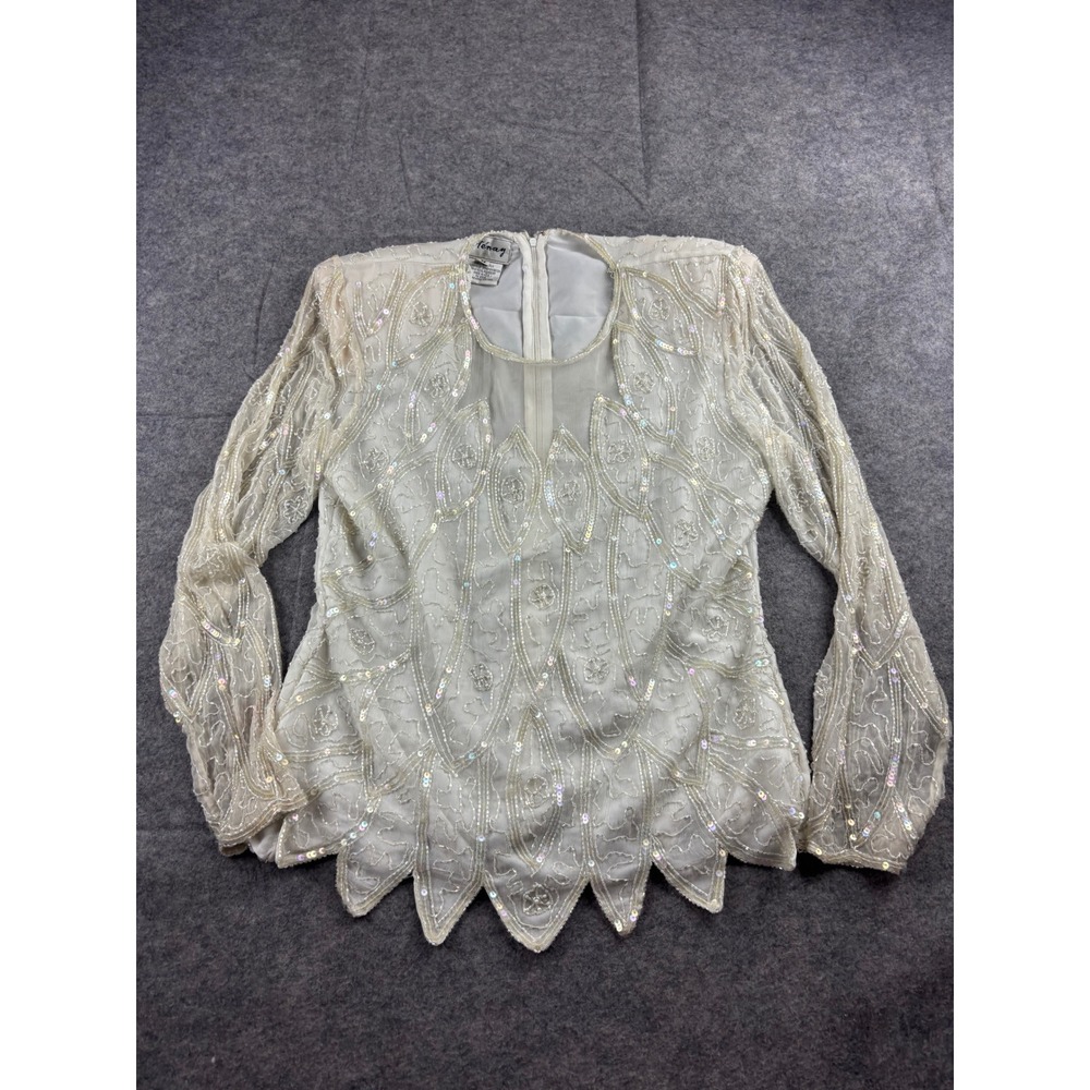 Stenay VTG 100% Silk Beaded Sequin Top Ivory Sharkbite Hem Bridal Formal Women M